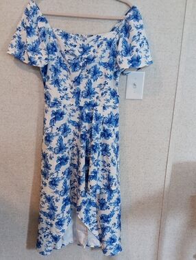 Bridesmay -Blue & White Floral Off-Shoulder Midi Dress with Ruffle Size L